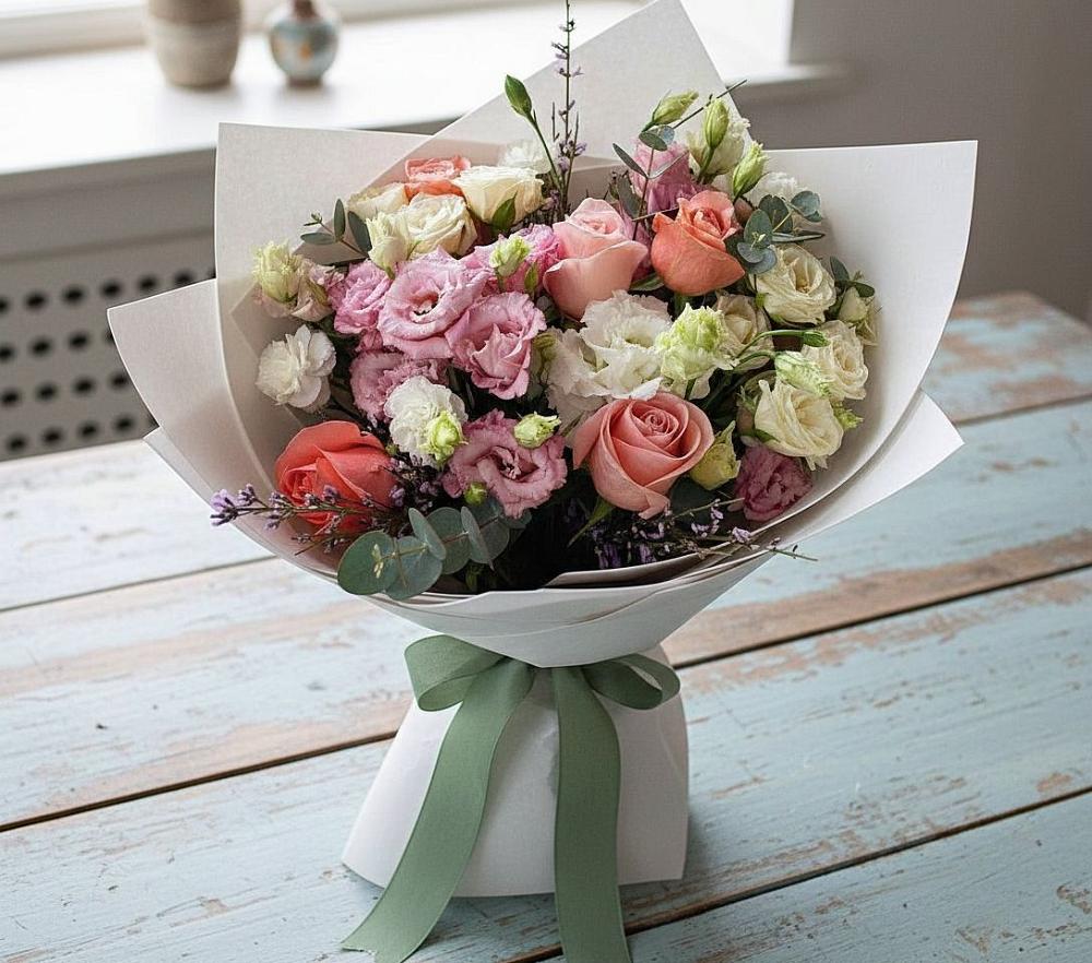 Букет цветов из: Розы, Лизиантусы и Гвоздики в Золотухино